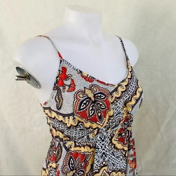 Almost Famous Grey Orange Yellow Spaghetti Strap Pixie BOHO Floral Print Dress M - Picture 6 of 12